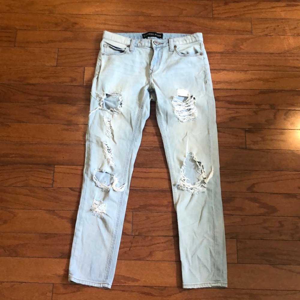 Express light washed distressed girlfriend jeans